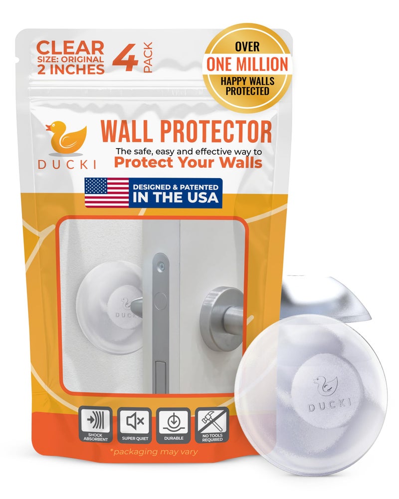 Ducki Door Stoppers, Door Knob Wall Protector 4 Pack Clear Self Adhesive Reusable Stopper for Wall Damage & Noise from Doors, Home or Office Doorstop, Durable Shock Absorbent, Quiet Discreet Bumper - Image 1